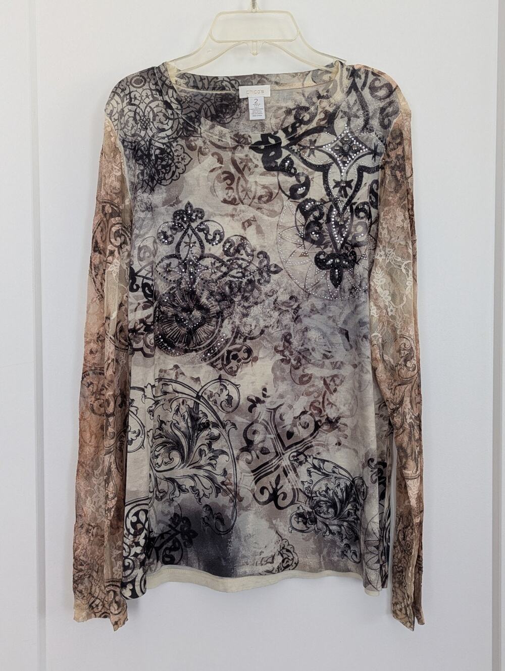 Chico's Baroque Print Mesh Sleeve Top Size2(L) Rhinestone Embellished Scroll EUC